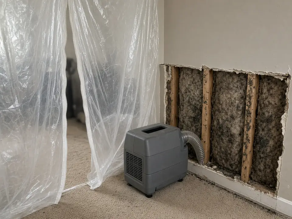 Example of a room during mold remediation: plastic sheeting containment with a zipper door, an air scrubber on the floor, and lower drywall removed to expose studs with mold spotting. Illustrative image, not a project by this site.